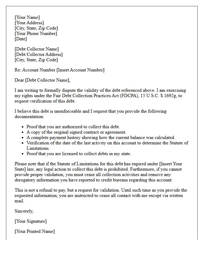 Unenforceable Debt Collection Validation Notice Letter