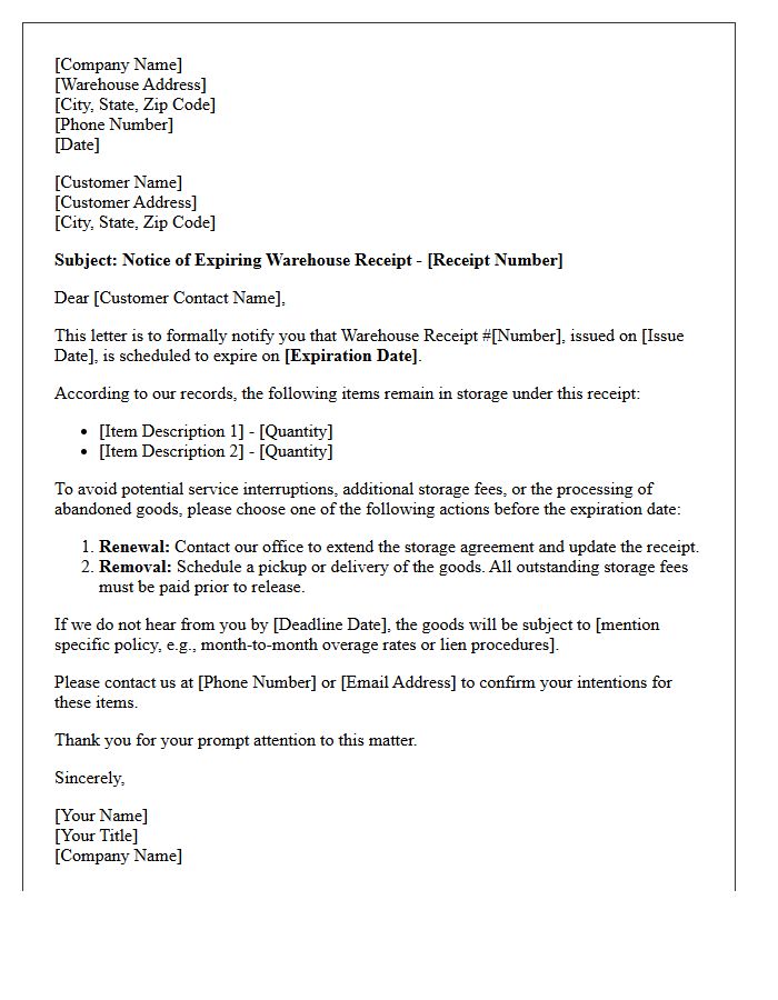 Expiring Warehouse Receipt Notification Letter
