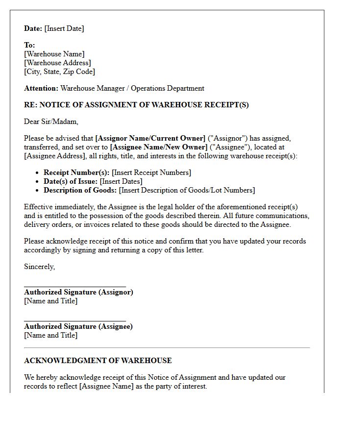 Warehouse Receipt Assignment Notice Letter