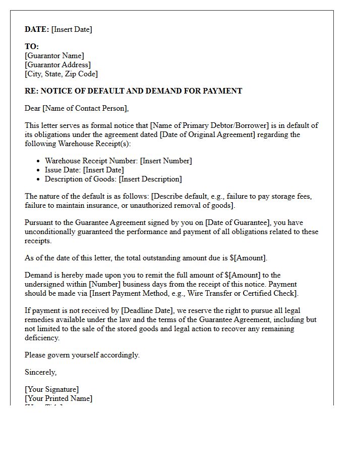 Warehouse Receipt Guarantee Default Notice Letter