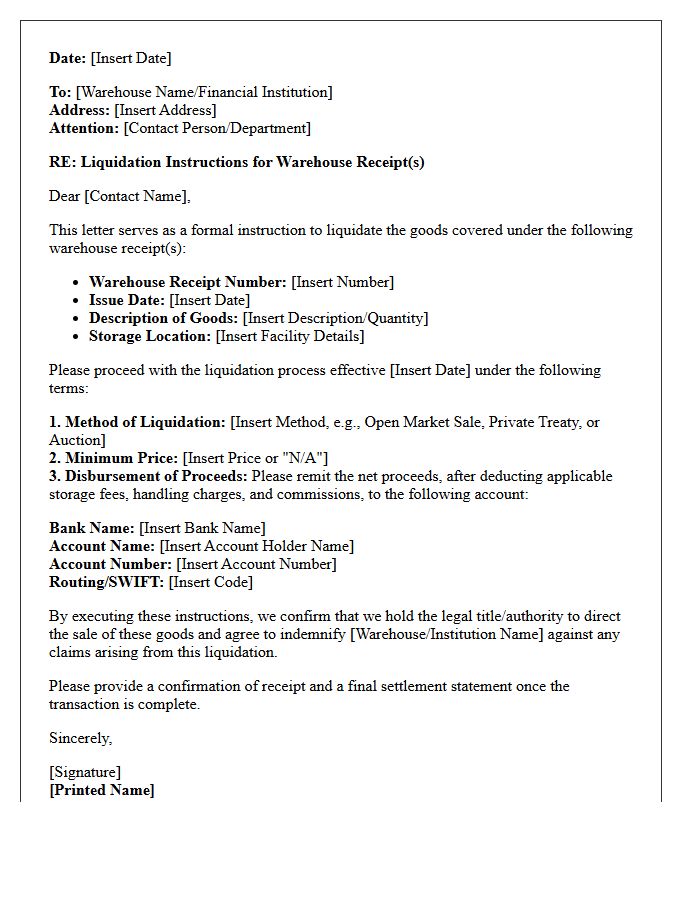 Warehouse Receipt Liquidation Instruction Letter