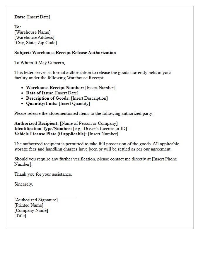 Warehouse Receipt Release Authorization Letter
