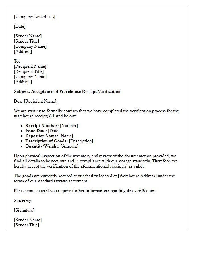 Warehouse Receipt Verification Acceptance Letter