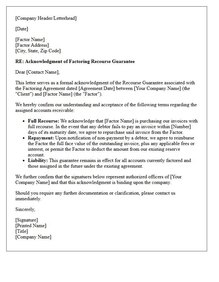 Acknowledgment Letter Of Factoring Recourse Guarantee