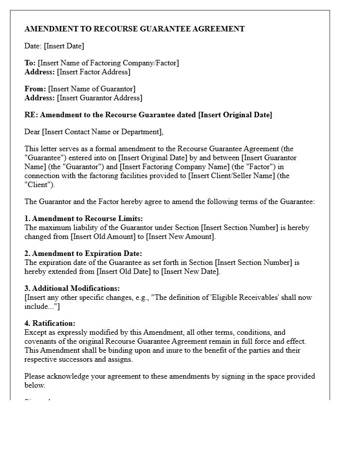 Amendment Letter To Factoring Recourse Guarantee