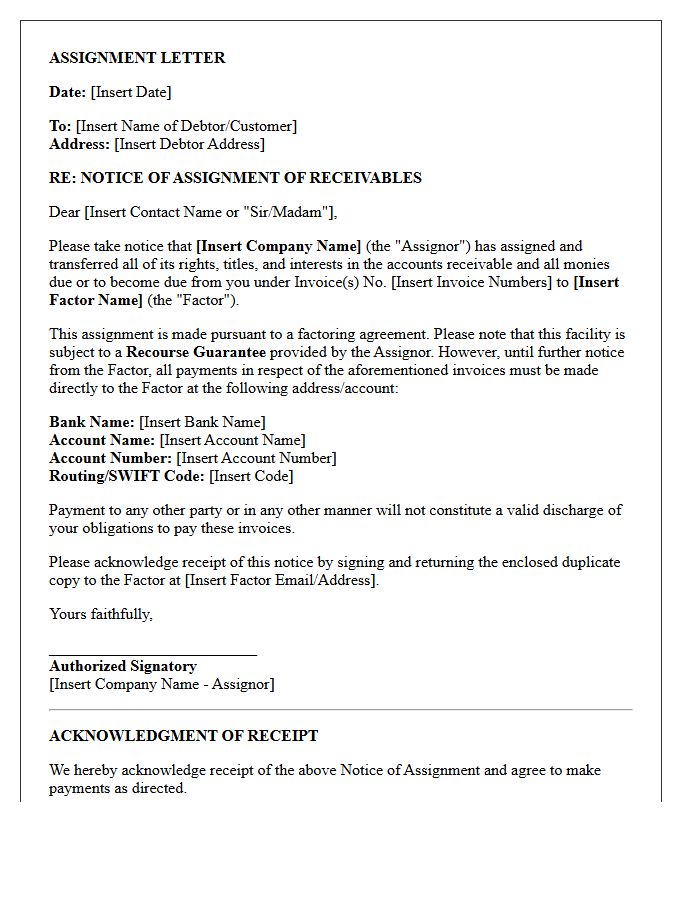 Assignment Letter Under Factoring Recourse Guarantee