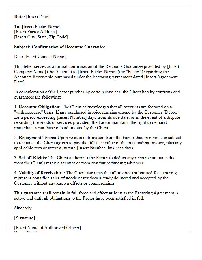 Confirmation Letter For Factoring Recourse Guarantee