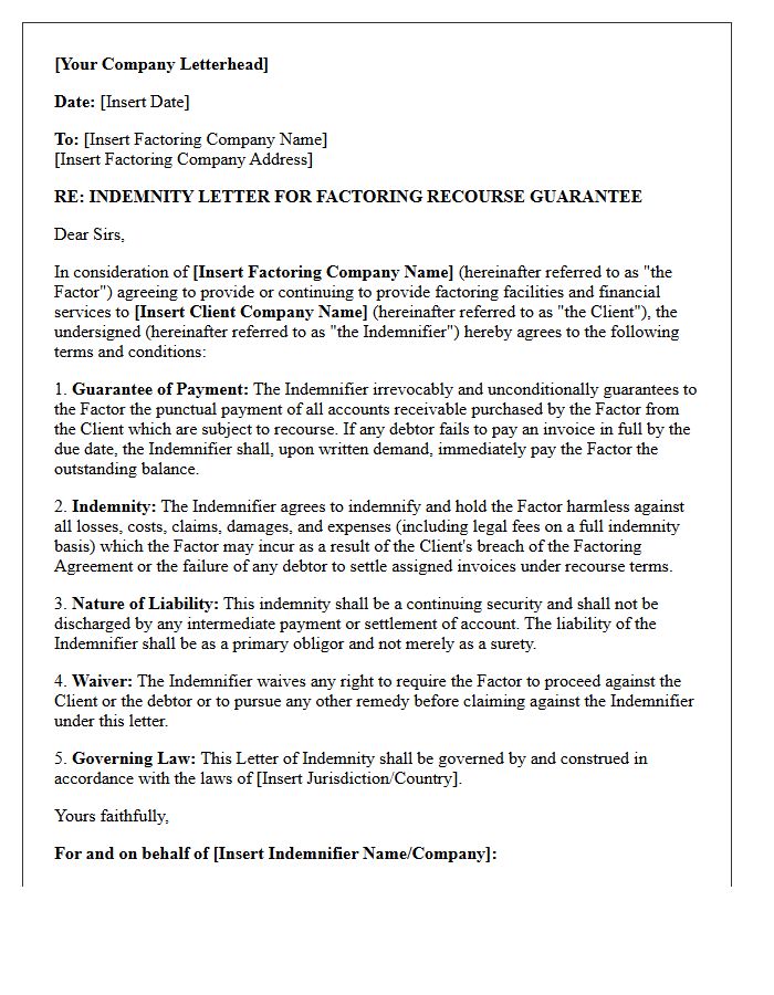 Indemnity Letter For Factoring Recourse Guarantee