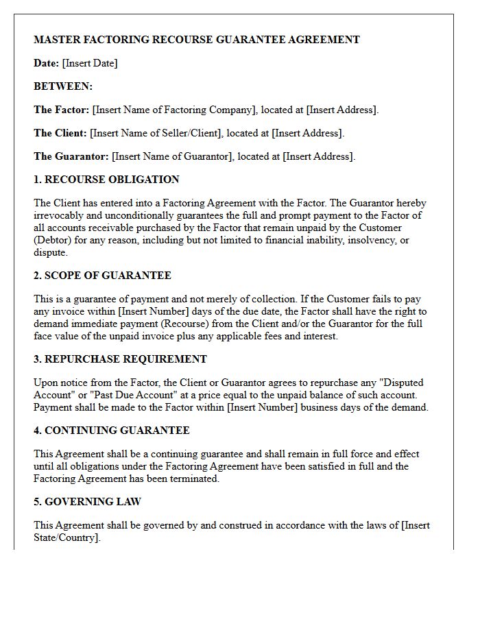 Master Factoring Recourse Guarantee Agreement Letter