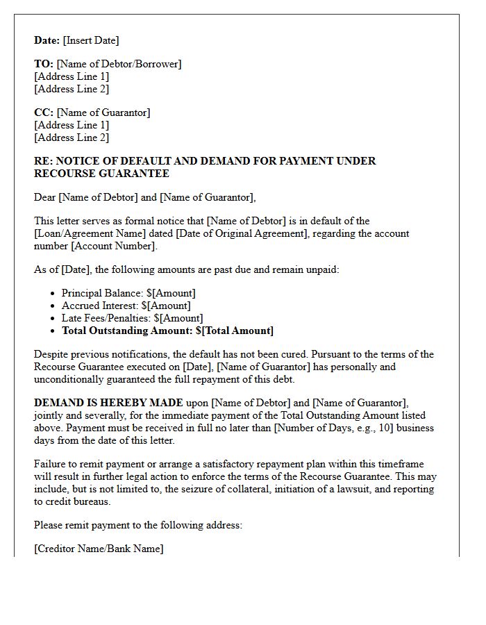 Notice Of Default And Recourse Guarantee Letter