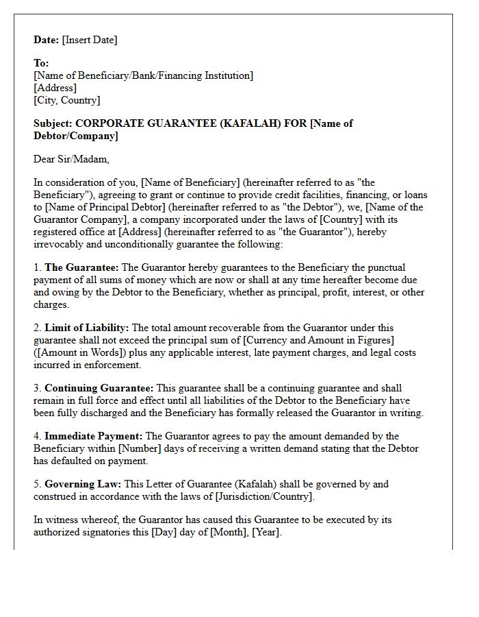 Kafalah Corporate Credit Guarantee Letter