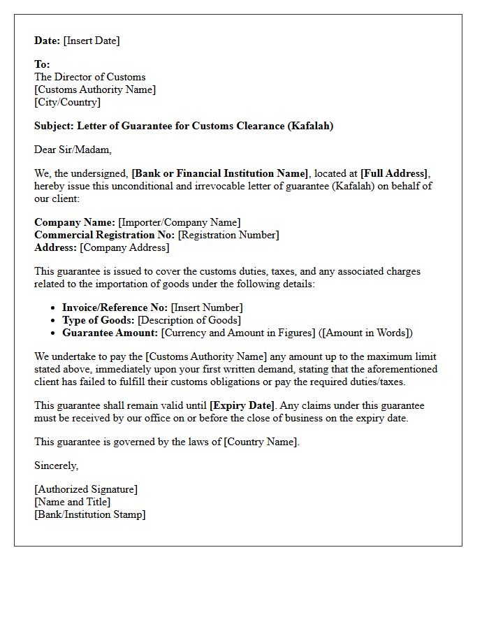 Kafalah Customs Clearance Guarantee Letter