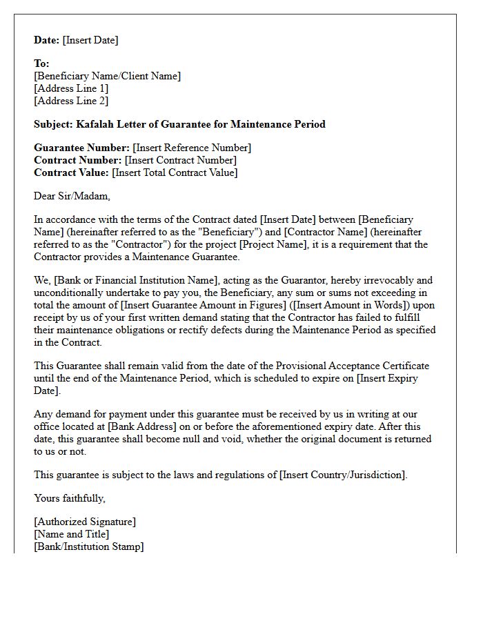 Kafalah Maintenance Period Guarantee Letter