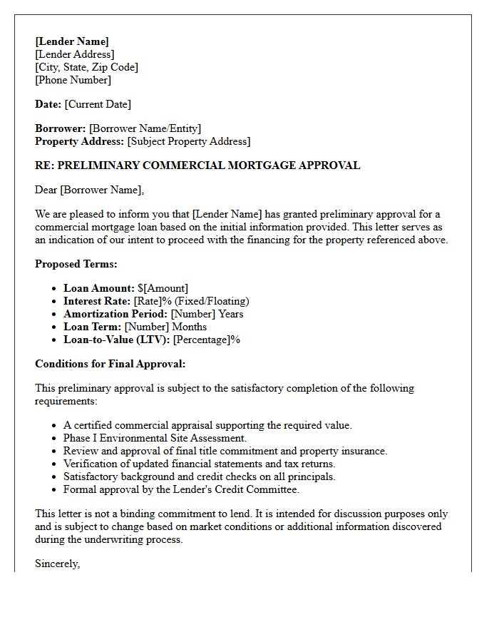 Preliminary Commercial Mortgage Approval Letter