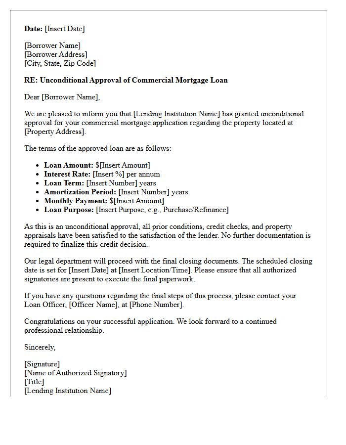 Unconditional Commercial Mortgage Approval Letter
