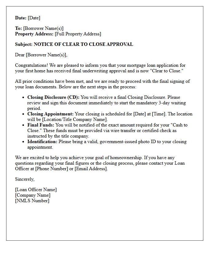First-Time Homebuyer Clear To Close Approval Letter