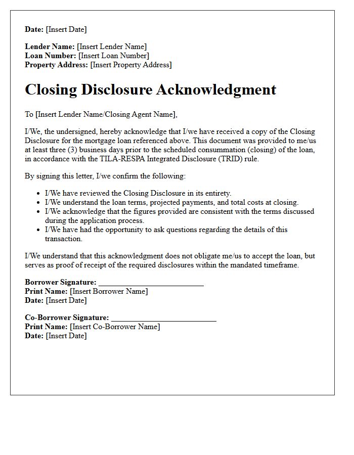First-Time Homebuyer Closing Disclosure Acknowledgment Letter