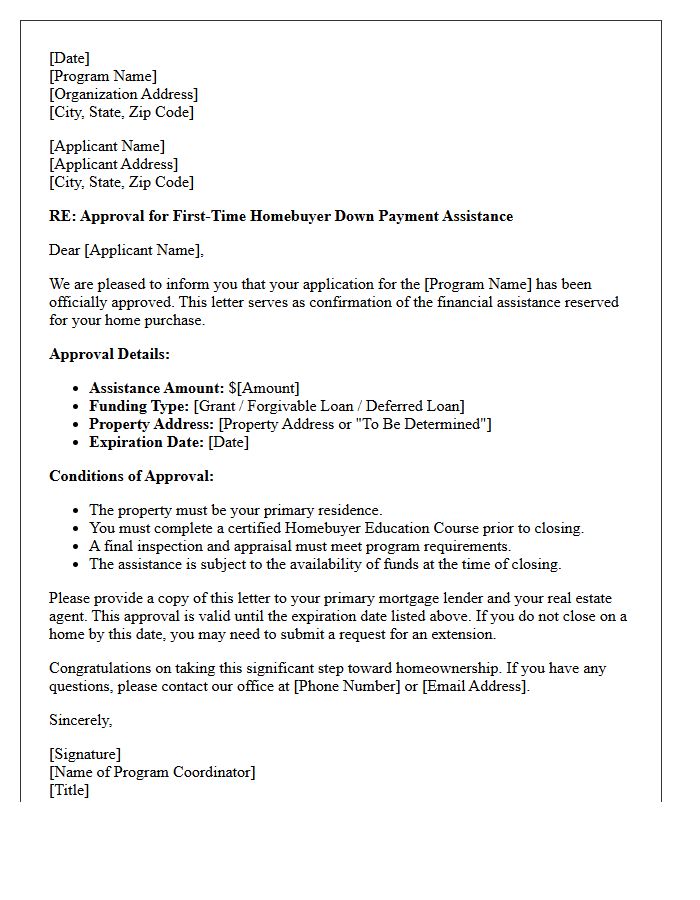 First-Time Homebuyer Down Payment Assistance Approval Letter