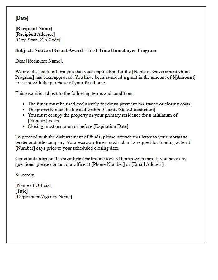 First-Time Homebuyer Government Grant Award Letter