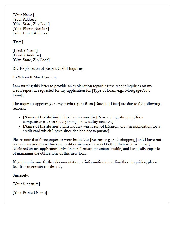 Credit Inquiry Explanation Letter