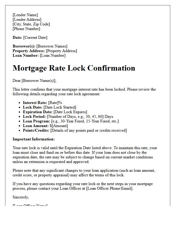 Mortgage Rate Lock Confirmation Letter