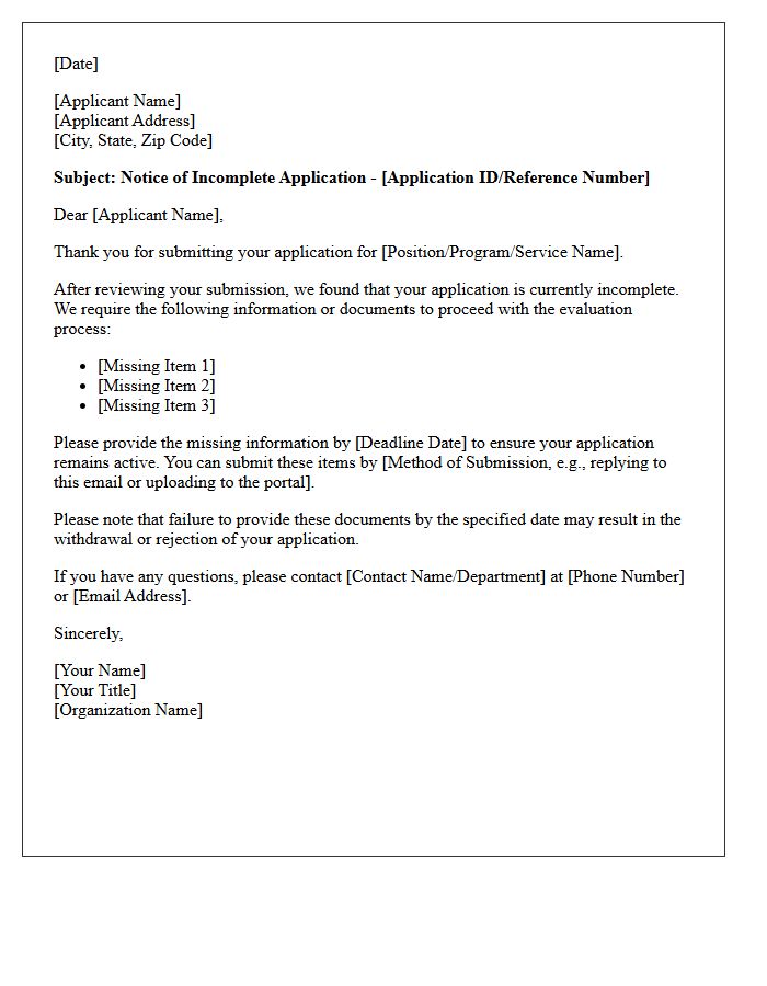 Notice of Incomplete Application Letter