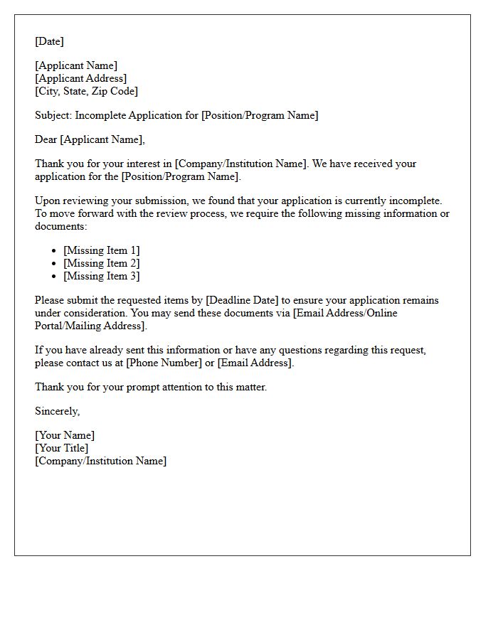 Incomplete Application Notification Letter