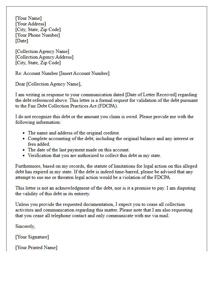 Time-Barred Debt Validation Request Letter