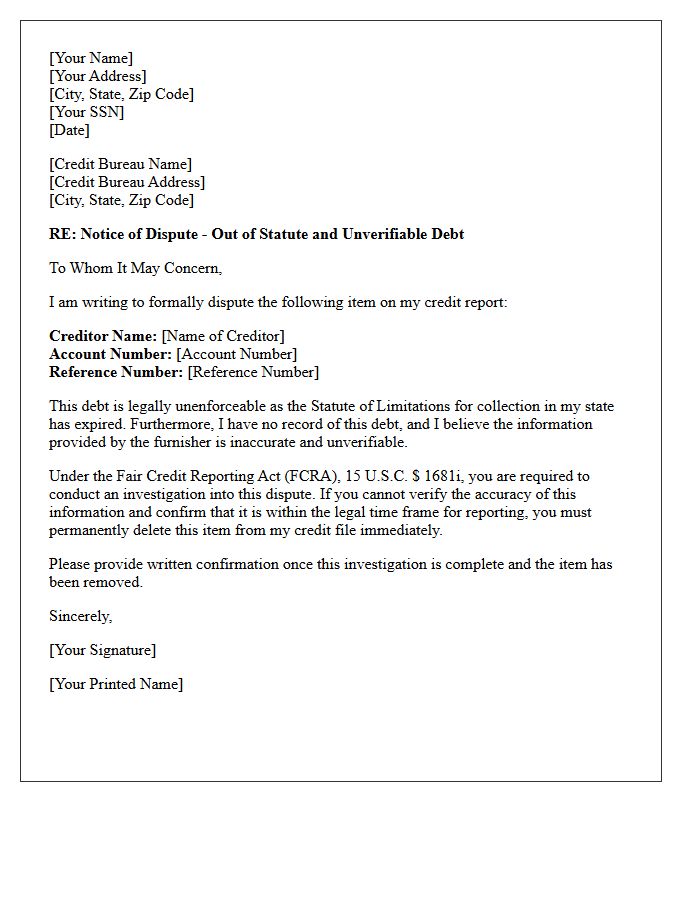 Unverifiable Out Of Statute Debt Deletion Letter