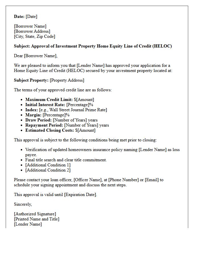 Investment Property Home Equity Line of Credit Approval Letter