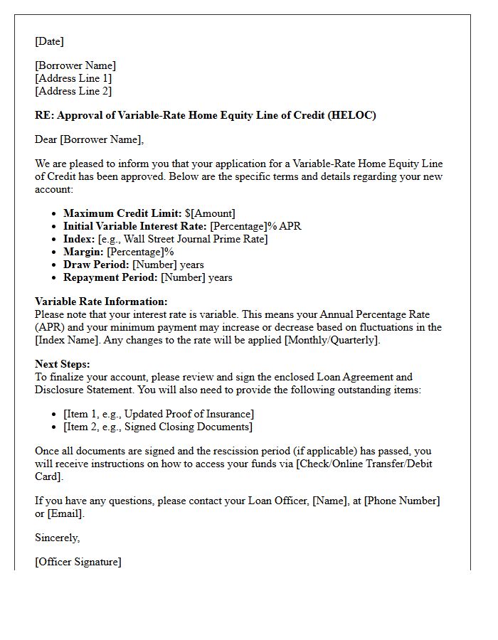 Variable-Rate Home Equity Line of Credit Approval Letter