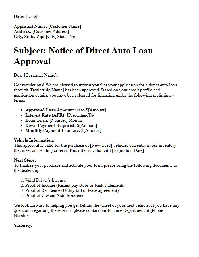 Dealership Direct Auto Loan Approval Letter