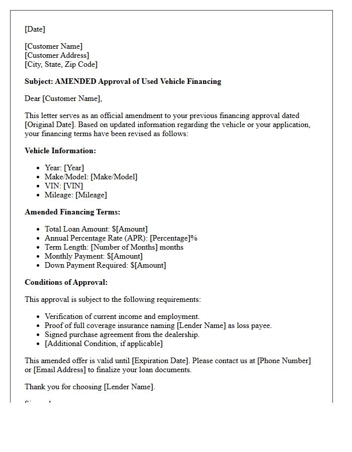 Amended Used Vehicle Financing Approval Letter