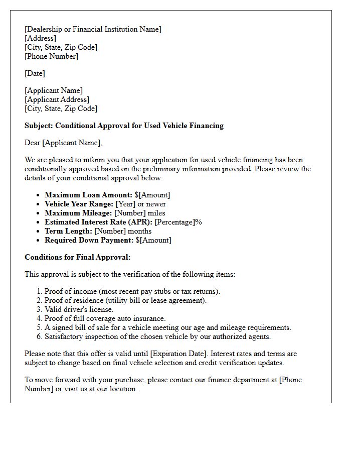 Conditional Used Vehicle Financing Approval Letter