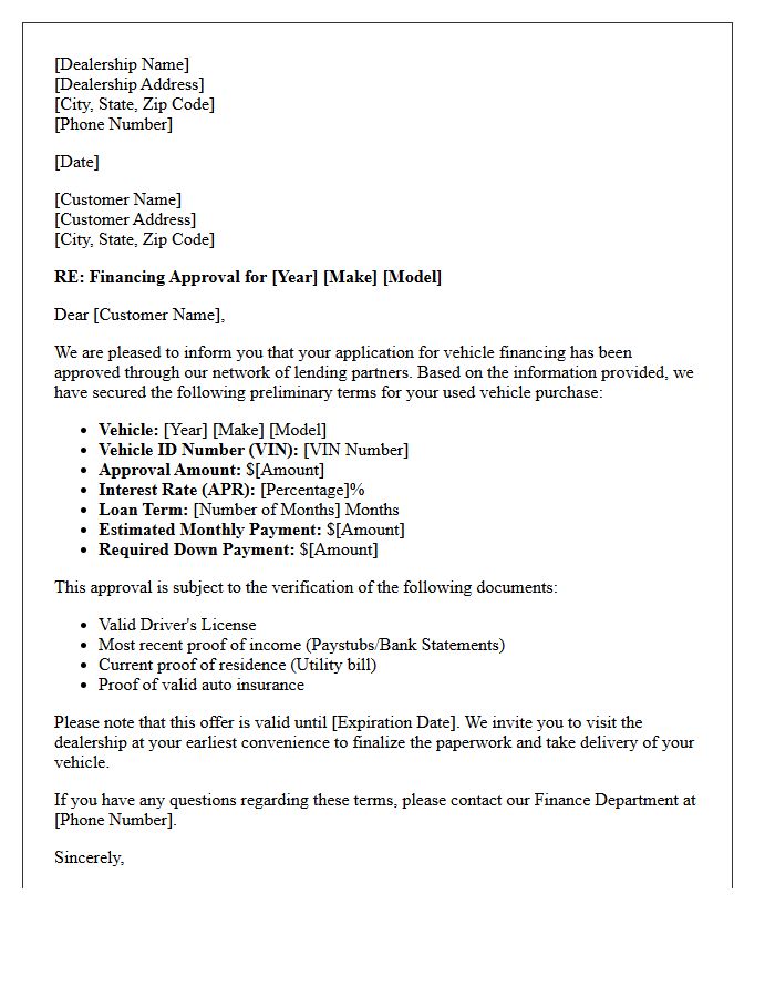 Dealership Routed Used Vehicle Financing Approval Letter
