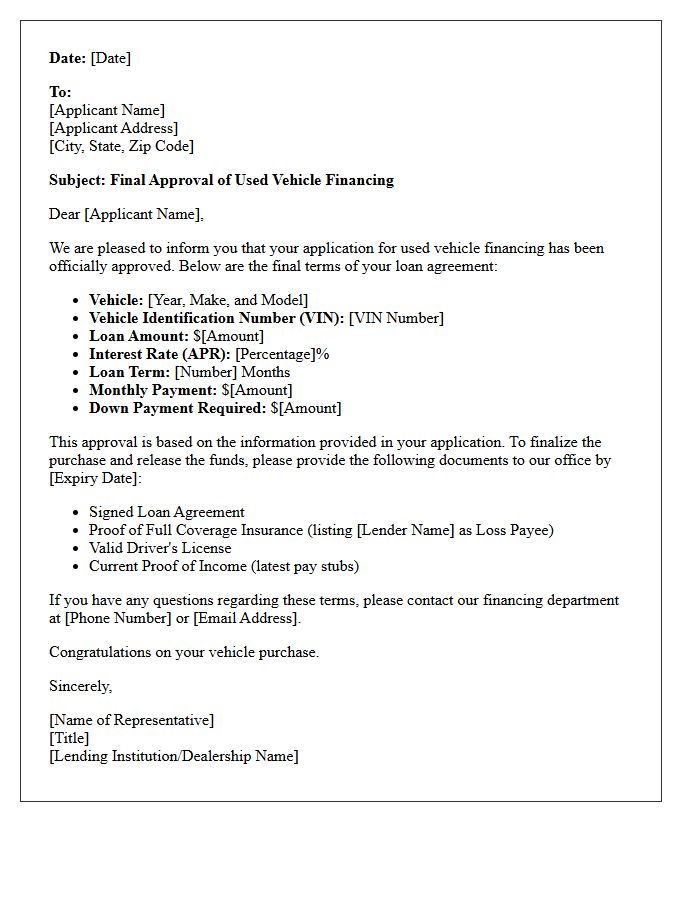 Final Used Vehicle Financing Approval Letter