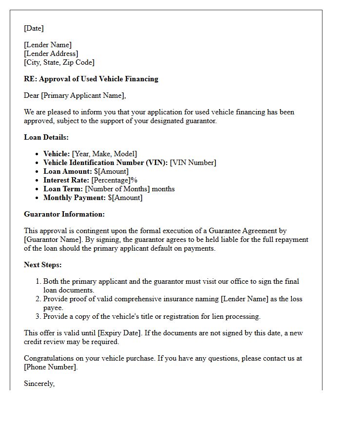 Guarantor Supported Used Vehicle Financing Approval Letter