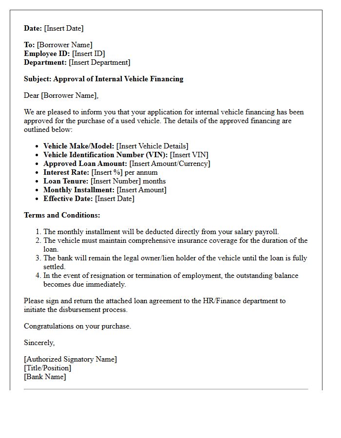 Internal Bank Used Vehicle Financing Approval Letter