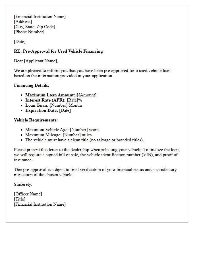 Pre-Approval Used Vehicle Financing Letter
