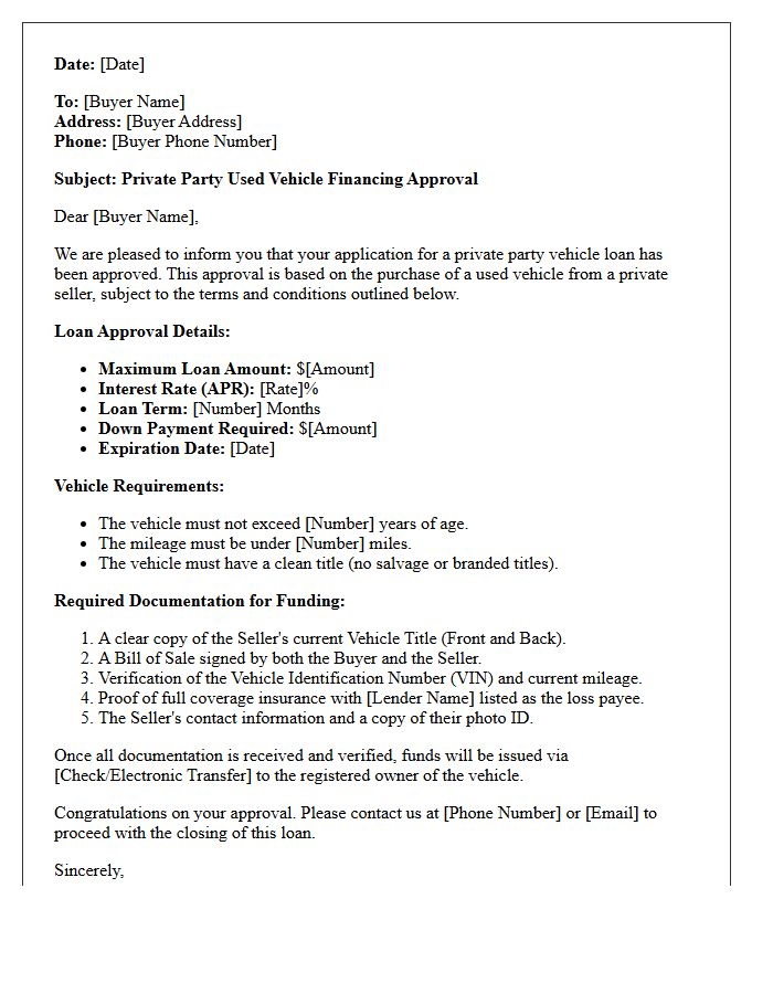 Private Party Used Vehicle Financing Approval Letter