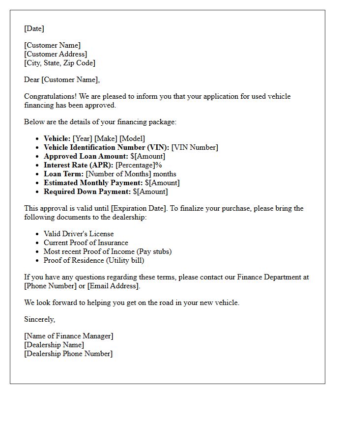 Retail Used Vehicle Financing Approval Letter