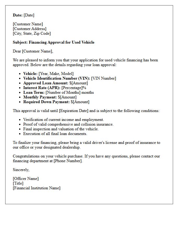 Standard Used Vehicle Financing Approval Letter