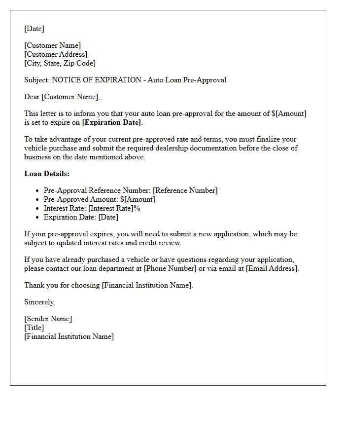 Auto Loan Pre-Approval Expiration Notice Letter