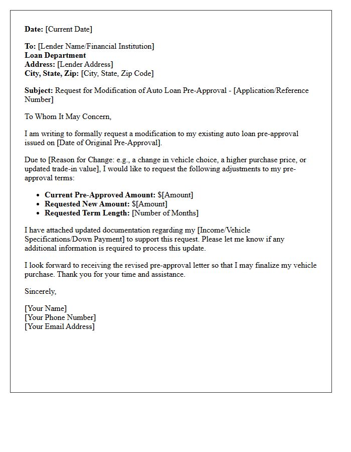 Auto Loan Pre-Approval Modification Letter