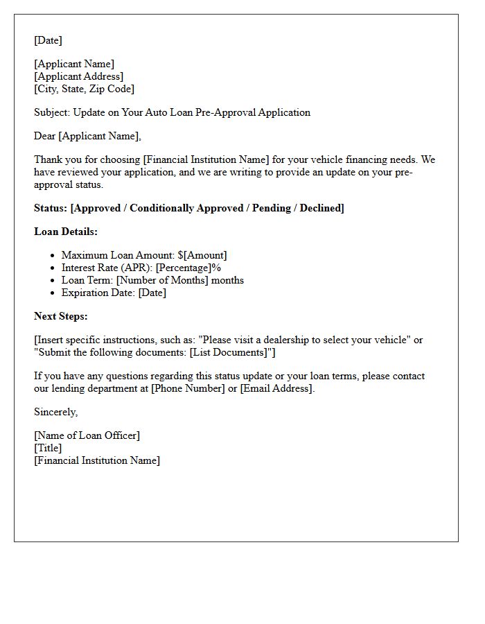 Auto Loan Pre-Approval Status Update Letter