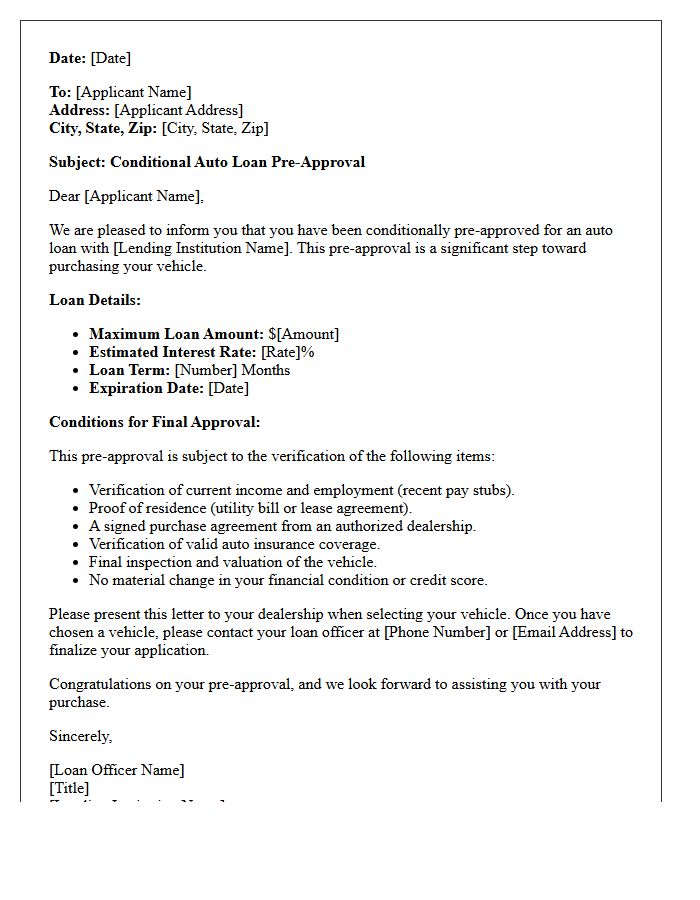 Conditional Auto Loan Pre-Approval Letter