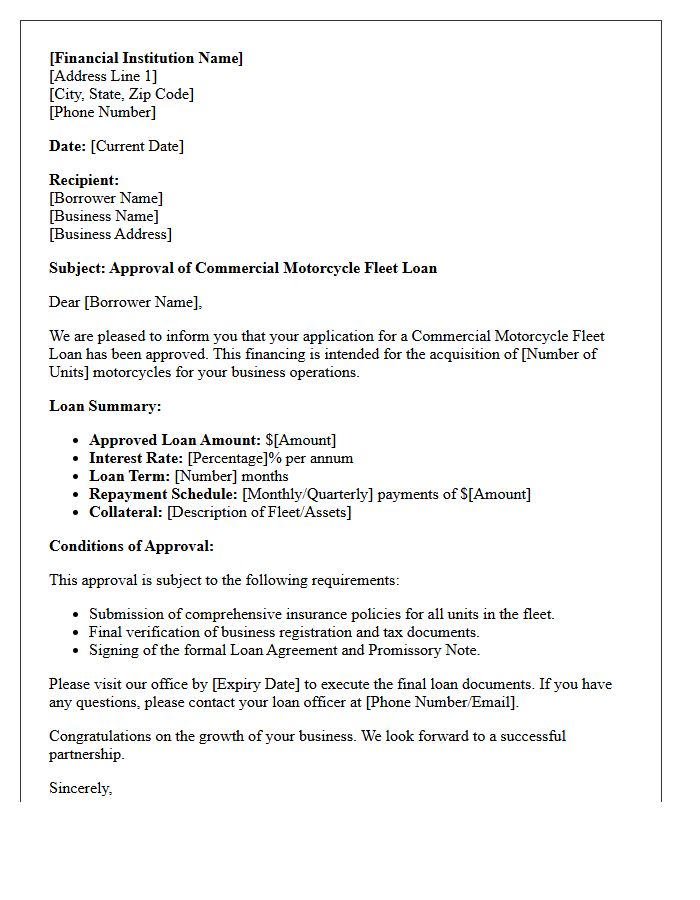 Commercial Motorcycle Fleet Loan Approval Letter