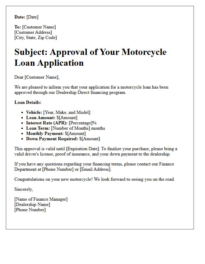Dealership Direct Motorcycle Loan Approval Letter