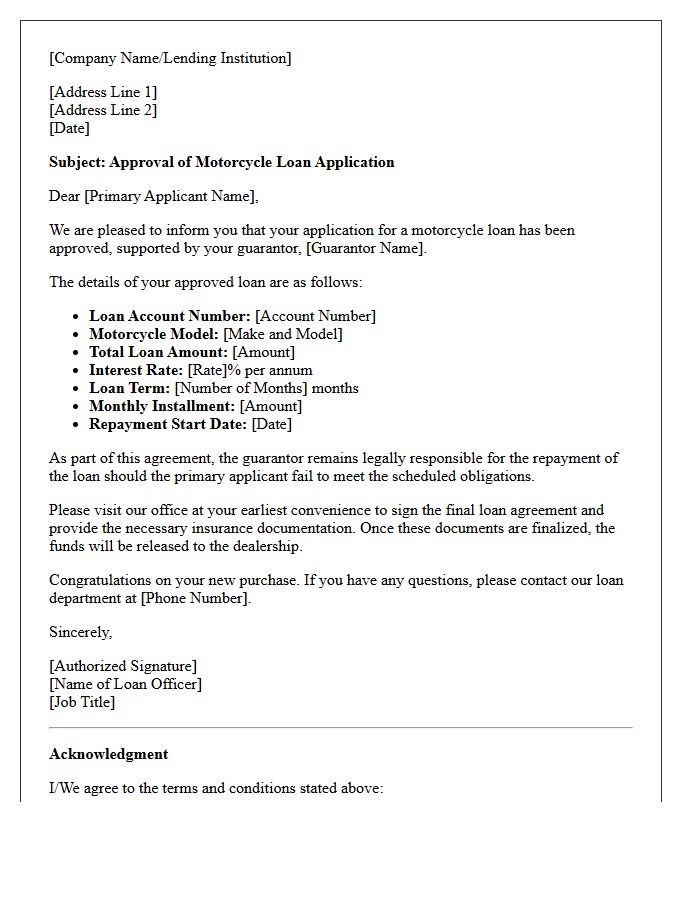 Guarantor Supported Motorcycle Loan Approval Letter