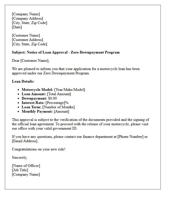 Zero Downpayment Motorcycle Loan Approval Letter